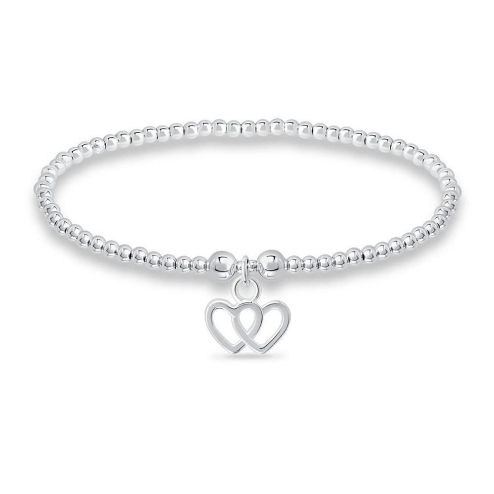 Bead Double Heart Charm Bracelet in Silver Plate 6 1/2” 6.5 inches - Picture 1 of 4